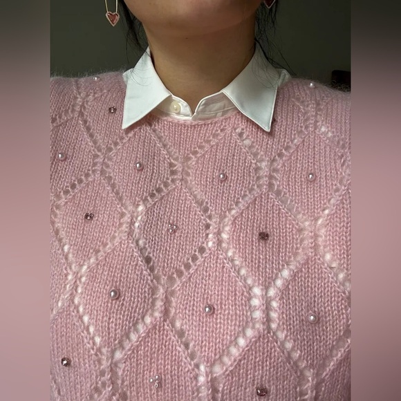 Sezane Federica Jumper Powder Pink Pearls Jewels open knit mohair Size M - Picture 4 of 9